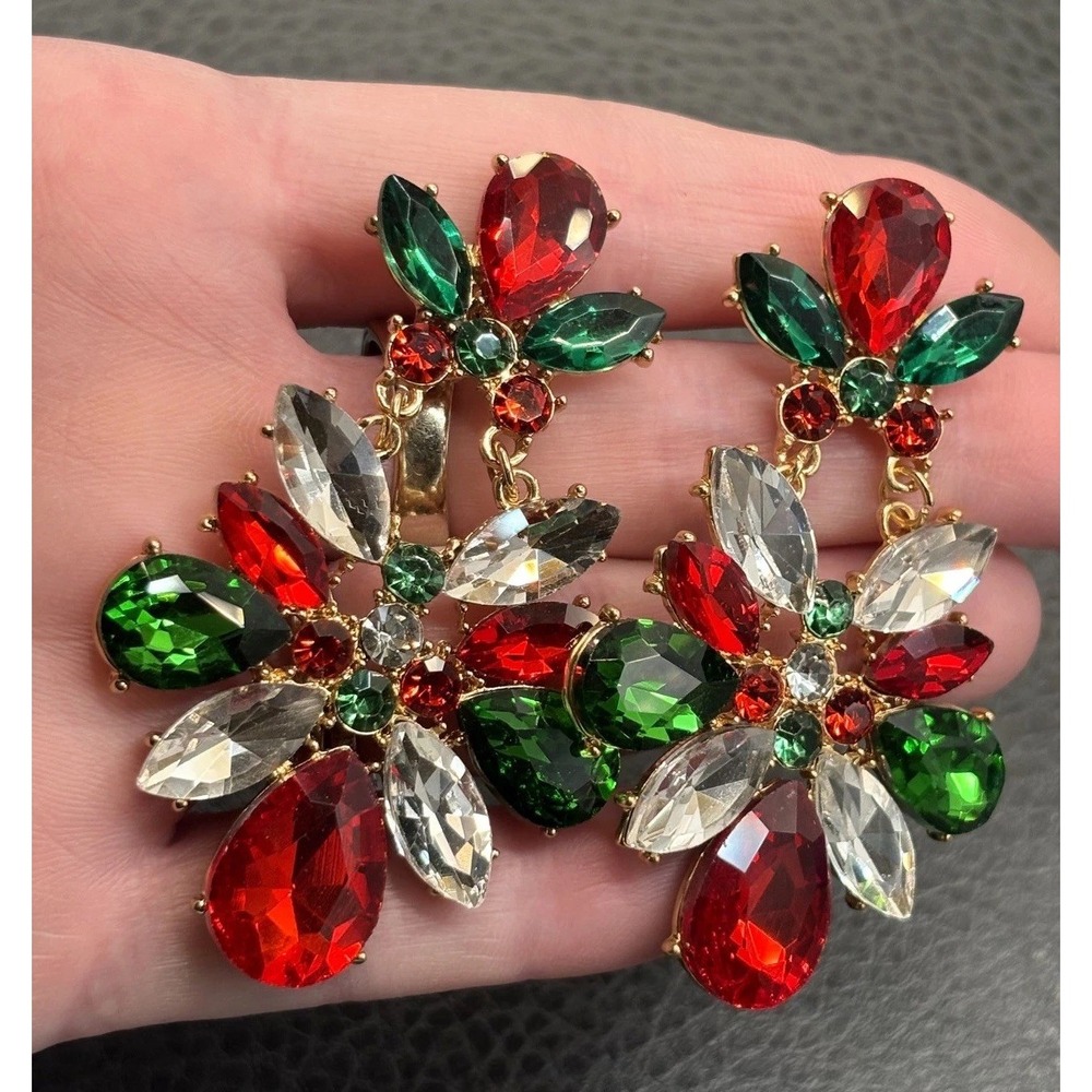 Statement Christmas Crystal Chandelier Earrings Red Green Clear Rhinestone